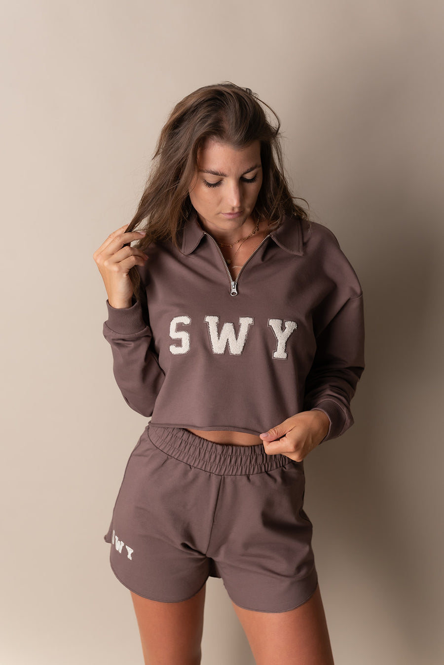 Swy comfortable long sleeve Cheer crop top in brown color soft material designed to match the Swy cheer shorts